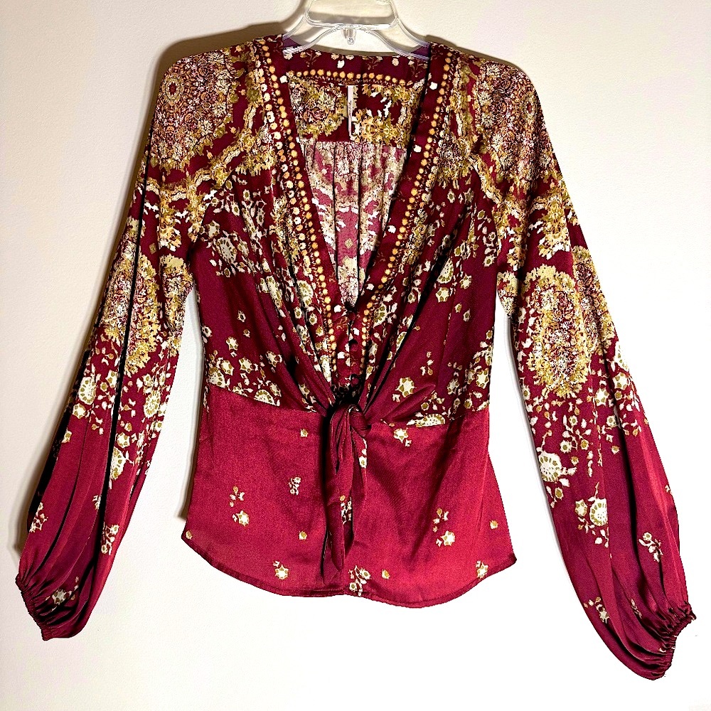 Free People Run Free Blouse Size Small Chocolate Combo Maroon Tie Front Boho